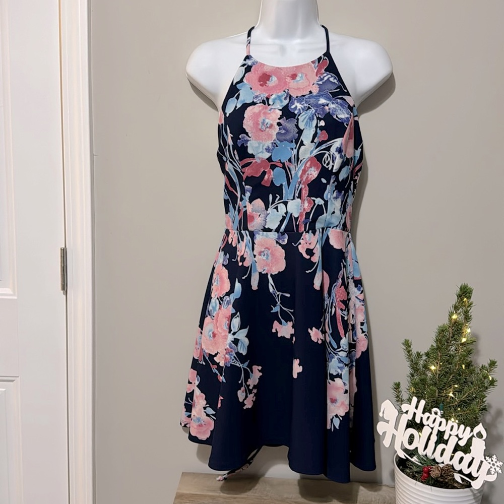 EUC navy blue floral dress with criss-cross back